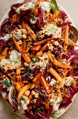 Harissa Carrot & Parsnip Salad with Quinoa, Radicchio & Yogurt Sauce
