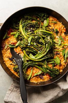 30 Minute Tomato Orzo with Balsamic Broccolini