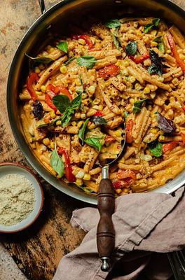 Vegan Red Pepper Pasta with Charred Corn & Basil