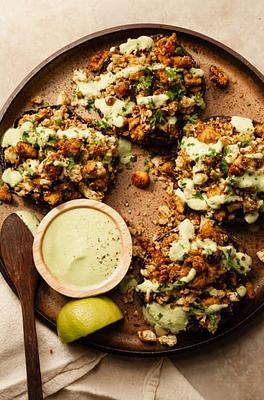 Stuffed Portobello Mushrooms with Cauliflower Rice, Crispy Tofu Bits & Poblano Cream