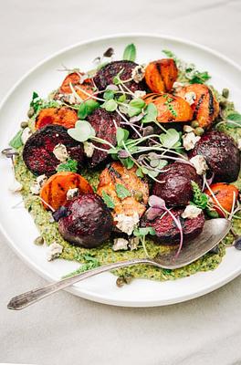 Smoky Grilled Beets with Mint & Parsley Pistachio Pesto
