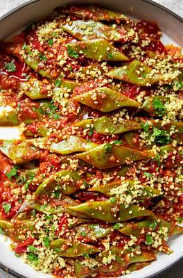 Braised Romano Beans with Spicy Cherry Tomato Sauce & Lemony Ground Walnuts