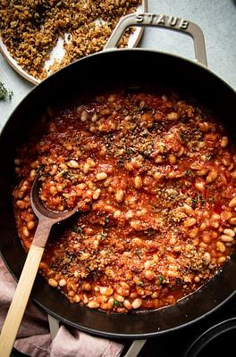 Jammy Sun Dried Tomato White Beans with Crispy Caper Breadcrumbs