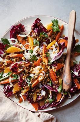 Sweet Potato Radicchio Salad with Roasted Shallot Dressing & Candied Pumpkin Seeds