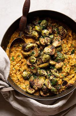 Creamy Vegan Orzo Risotto with Butternut Squash & Brussels Sprouts