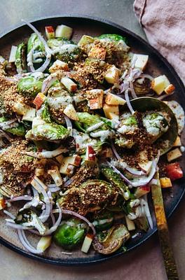 Loaded Brussels Sprouts Salad with Creamy Maple Mustard Dressing