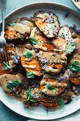 Grilled Sweet Potatoes with Chili Lime Tahini Sauce