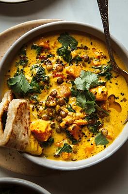 Ginger Sweet Potato Coconut Milk Stew with Lentils & Kale