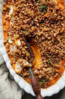 Vegan Sweet Potato Casserole with Apples & Crunchy Rosemary Walnuts