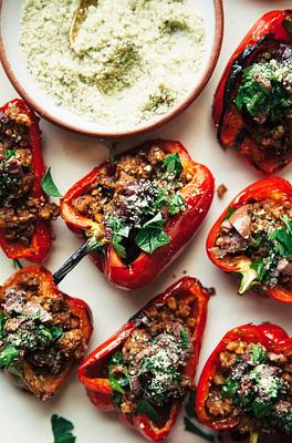Grilled Mini Peppers with Spiced Walnut & Lentil Crumble