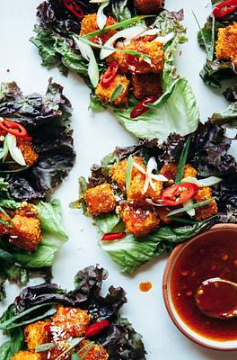 Crispy Coconut Tofu Lettuce Wraps with Sweet Chili Sauce