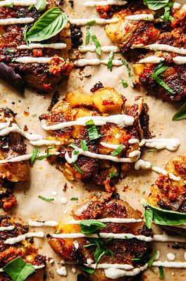 Smashed Sun Dried Tomato Pesto Potatoes with Caesar Drizzle