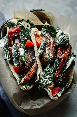 Miso Grilled Portobello & Kale Caesar Pitas