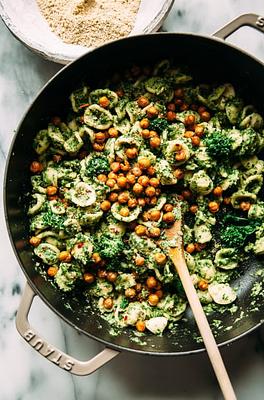 Broccoli Rabe and Chive Pesto Orecchiete, Sunflower “Parm” & Smoky Chickpeas