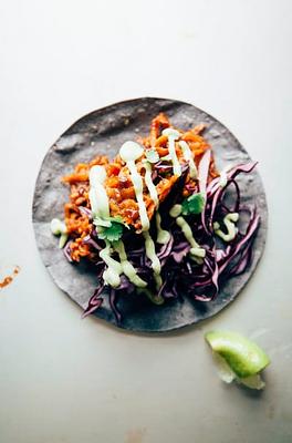 Sticky Sweet Potato Tacos with Avocado Cilantro Sauce