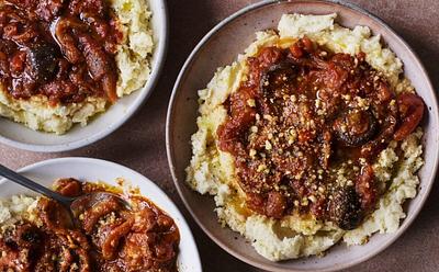 Pulled Aubergine Ragu With Hummus Mashed Potatoes