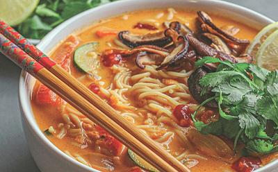 Vegan Ginger Noodle & Vegetable Red Curry Soup