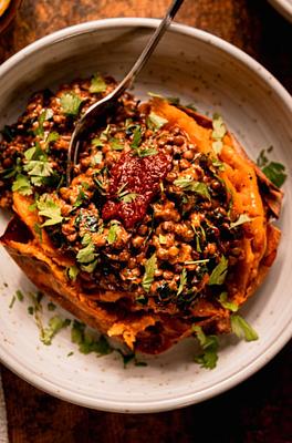 Harissa Coconut Lentils with Kale & Roasted Sweet Potatoes