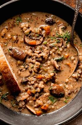 Creamy Mushroom Barley Soup with Lentils & Dill (Vegan)