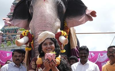 Life-Sized Mechanical Elephant Arrives At Indian Temple