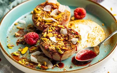 Grilled Peaches With Raspberry Glaze And Coconut Cream