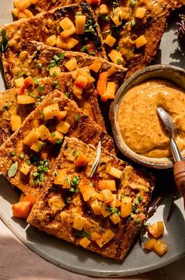 Grilled Tofu with Peach, Almond Butter & Miso Sauce