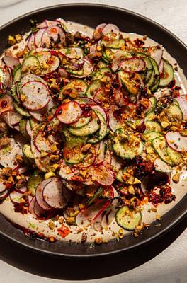 Shaved Cucumber Radish Salad with Garlic Lime Tahini & Basil