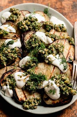 Grilled Japanese Sweet Potatoes with Dill Pickle Salsa Verde