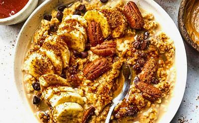 Banana, Walnut And Chocolate Porridge With Nutty Drizzle