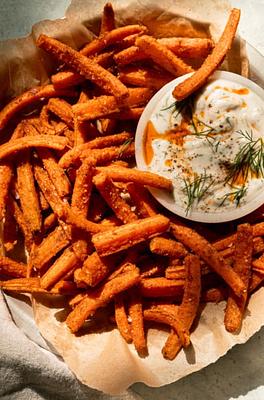 Sheet Pan Roasted Carrot Fries with Garlicky Yogurt Dip