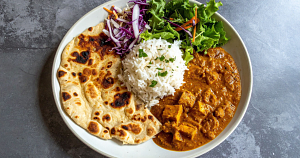 Skillet “butter chicken,” plant-based and 30 minutes