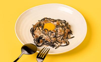 Charcoal Spaghetti Carbonara With Vegan Egg Yolk