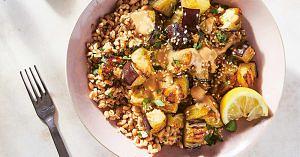 Vegan Miso-Tahini-Glazed Roasted Eggplant with Farro Recipe