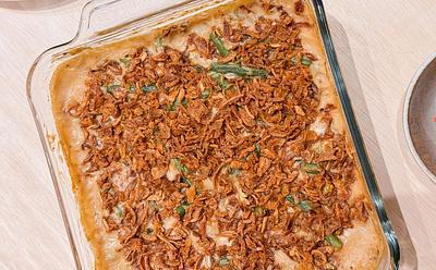 Vegan Parmesan Bacon Green Bean Casserole