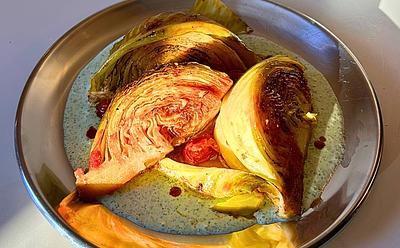 Tomato Braised Cabbage On Mint Tzatziki