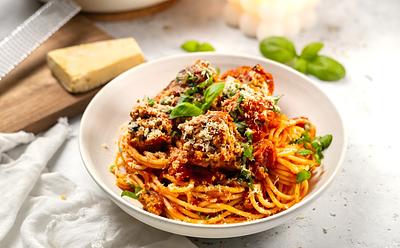 Date Night TVP Meatball Spaghetti