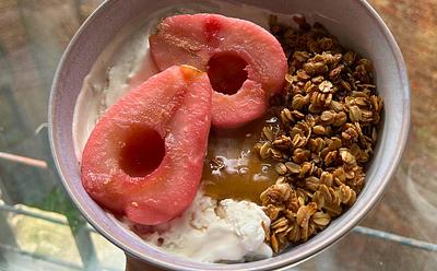 Hibiscus Poached Pears With Stovetop Granola