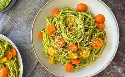 Vibrant Wild Garlic And Edamame Pesto Pasta