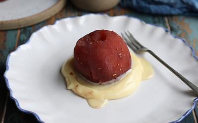 Vegan Poached Raspberry Apple With White Chocolate Sauce