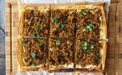 Rustic Puff Pastry Tart With Savory Mince & Creamy Hummus