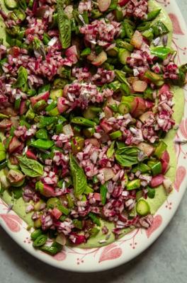 Seared Spring Vegetables with Cashew Green Goddess & Sumac Onions