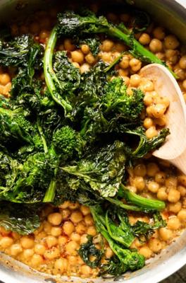 Mustard Braised Chickpeas with Roasted Broccoli Rabe