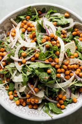 Crispy Chickpea Arugula Salad with Fennel & Shallot Thyme Dressing