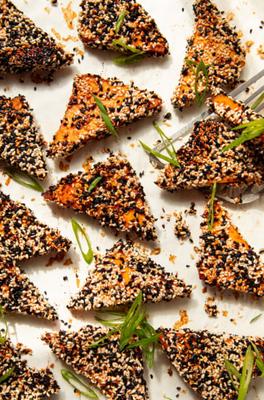 Baked Sesame Seed Tofu Triangles with Gochujang