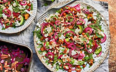 Butternut, Chickpea & Toasted Pecan Salad With Tahini Yogurt Dressing