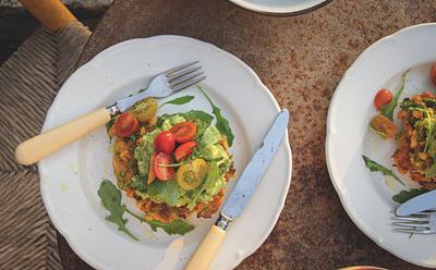 Corn Fritters With Avocado Smash And Arugula Salad