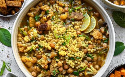 Roasted Cauliflower, Chickpea, And Tempeh Moghrabieh