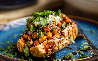 Buffalo Chickpeas On Roasted Sweet Potato