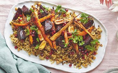 Rice and Lentils With Tahini Roasted Root Veg