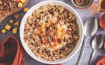 Three-Grain Peaches And Cream Breakfast Bowl